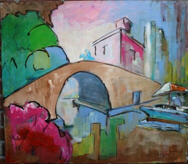 Painting titled "Le pont du Somail" by Thierry Merget, Original Artwork, Acrylic Mounted on Wood Stretcher frame