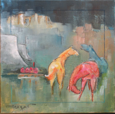 Painting titled "Les trois chevaux." by Thierry Merget, Original Artwork, Acrylic Mounted on Wood Stretcher frame