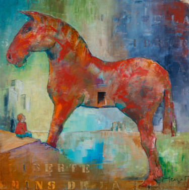 Malarstwo zatytułowany „Le cheval de Troie…” autorstwa Thierry Merget, Oryginalna praca, Akryl Zamontowany na Drewniana rama…