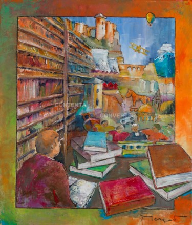 Painting titled "La bibliothèque" by Thierry Merget, Original Artwork, Acrylic Mounted on Wood Stretcher frame