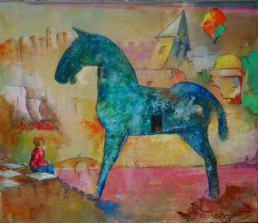 Schilderij getiteld "Le cheval bleu" door Thierry Merget, Origineel Kunstwerk, Acryl Gemonteerd op Frame voor houten brancard