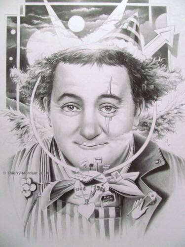 Dessin intitulée ""HOMMAGE à COLUCHE"" par Thierry Mordant, Œuvre d'art originale, Crayon