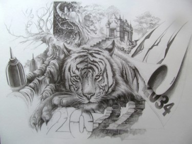 图画 标题为“Zodiaque du Tigre” 由Thierry Mordant, 原创艺术品, 铅笔