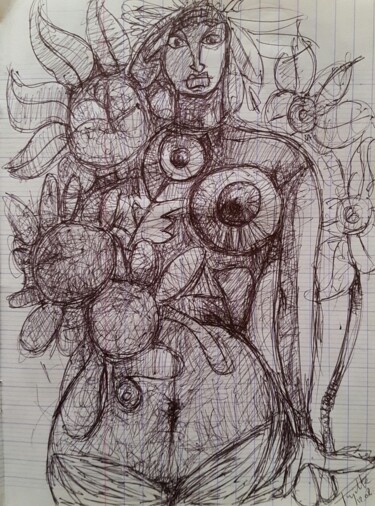 Drawing titled "Flowers woman" by Thierry Pujalte, Original Artwork, Ballpoint pen