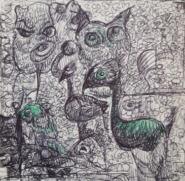 Dessin intitulée ""Jardin d'oiseaux é…" par Thierry Pujalte, Œuvre d'art originale, Stylo à bille