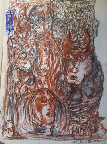 Disegno intitolato "visages au loup" da Thierry Pujalte, Opera d'arte originale, Grafite