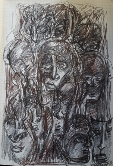 Tekening getiteld ""visage de foule"" door Thierry Pujalte, Origineel Kunstwerk, Houtskool