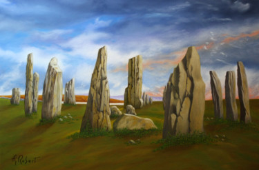 Painting titled "Callanish stones" by Thierry Robert, Original Artwork, Oil Mounted on Wood Stretcher frame