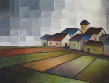 Painting titled "le village paisible" by Thierry Robin, Original Artwork