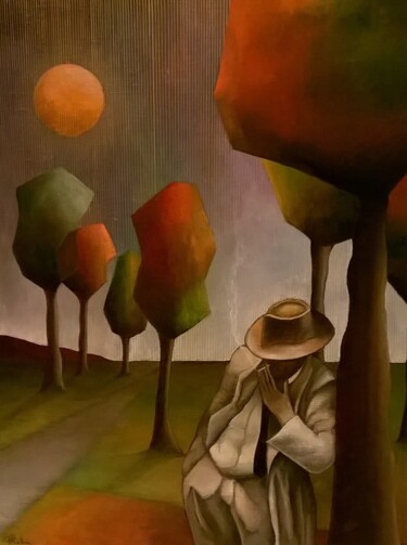Painting titled "Sous la lune rousse" by Thierry Robin, Original Artwork, Gouache Mounted on Wood Stretcher frame