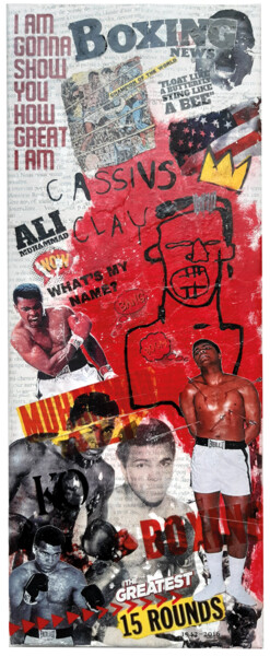 Collages getiteld "The Greatest" door Thierry Sorin, Origineel Kunstwerk, Collages Gemonteerd op Frame voor houten brancard