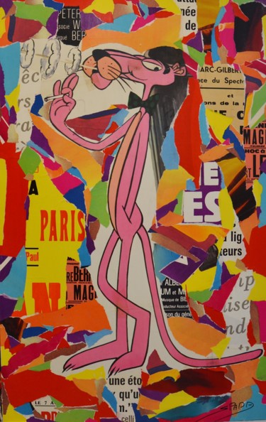 Malerei mit dem Titel "Pink Panther" von Thierry Spada, Original-Kunstwerk, Collagen