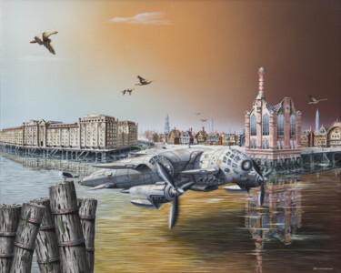 Painting titled "In London (Sous bag…" by Thierry Van Quickenborne, Original Artwork, Oil Mounted on Wood Stretcher frame