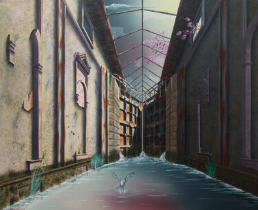 Painting titled "Le canal (Sous bagu…" by Thierry Van Quickenborne, Original Artwork, Oil Mounted on Wood Stretcher frame