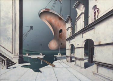 Ζωγραφική με τίτλο "La proue (sous bagu…" από Thierry Van Quickenborne, Αυθεντικά έργα τέχνης, Λάδι Τοποθετήθηκε στο Ξύλινο…