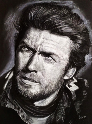 Drawing titled "Clint Eastwood" by Thierry Villers, Original Artwork, Pastel