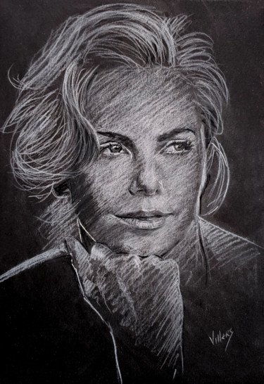 Drawing titled "Charlize T" by Thierry Villers, Original Artwork, Chalk