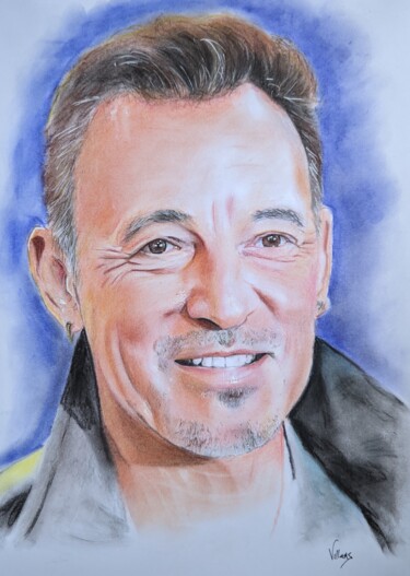 Drawing titled "Bruce Springsteen" by Thierry Villers, Original Artwork, Pastel