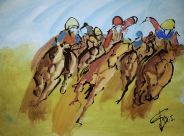 Peinture intitulée "arrivée de course p…" par Thierry Faure, Œuvre d'art originale, Gouache