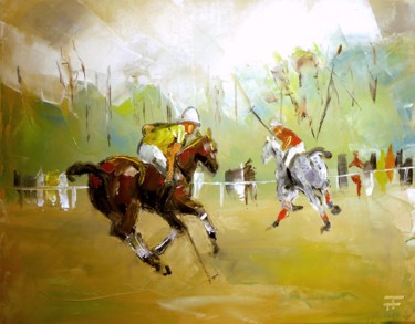 Painting titled "Polo-devant-le-bois-" by Thierry Faure, Original Artwork, Oil Mounted on Wood Stretcher frame