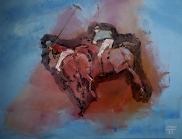 Painting titled "polo-dans-le-ciel-" by Thierry Faure, Original Artwork, Oil Mounted on Wood Stretcher frame