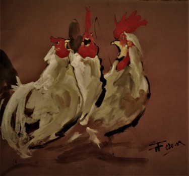 Drawing titled "Etude  3 coqs" by Thierry Faure, Original Artwork, Gouache