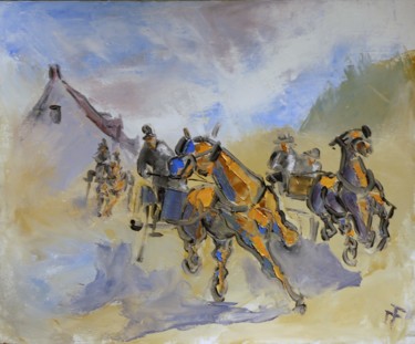 Painting titled "La course" by Thierry Faure, Original Artwork, Oil Mounted on Wood Stretcher frame