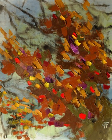 Painting titled "Branches d'automne" by Thierry Faure, Original Artwork, Oil Mounted on Wood Stretcher frame