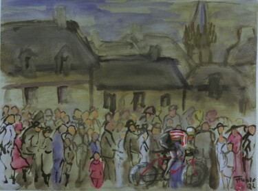 Dibujo titulada "Course de village" por Thierry Faure, Obra de arte original, Gouache