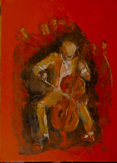 Painting titled "23-87- Le cello voi…" by Thierry Faure, Original Artwork, Oil Mounted on Wood Stretcher frame