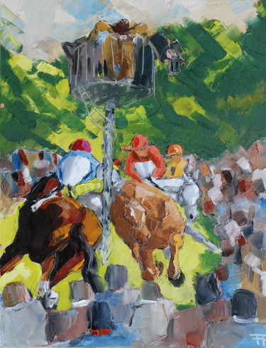 Painting titled "La petite course" by Thierry Faure, Original Artwork, Oil Mounted on Wood Stretcher frame
