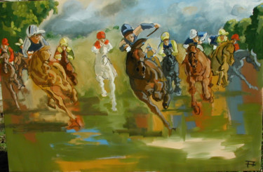 Painting titled "Arrivée" by Thierry Faure, Original Artwork, Oil Mounted on Wood Stretcher frame