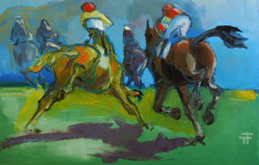 Painting titled "Course-d-attente-" by Thierry Faure, Original Artwork, Oil Mounted on Wood Stretcher frame