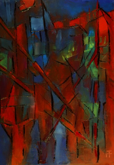 Painting titled "Abstrait vitrail-he…" by Thierry Faure, Original Artwork, Oil Mounted on Wood Stretcher frame