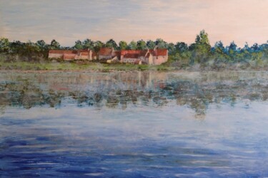 Painting titled "Brume sur le lac" by Thierry Gautheron, Original Artwork, Acrylic Mounted on Wood Stretcher frame