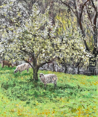 Painting titled "Moutons au printemps" by Thierry Gautheron, Original Artwork, Acrylic Mounted on Wood Stretcher frame