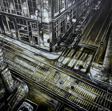 Peinture intitulée "vue-de-rue-parisien…" par Thierry Sellem, Œuvre d'art originale, Huile