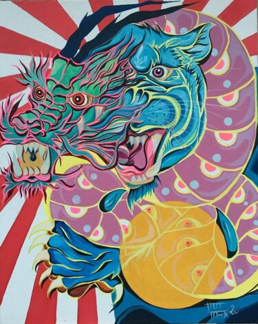 Peinture intitulée "Tigre et dragon" par Thom Max, Œuvre d'art originale, Acrylique Monté sur Châssis en bois