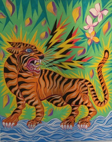 Ζωγραφική με τίτλο "Tigre" από Thom Max, Αυθεντικά έργα τέχνης, Ακρυλικό Τοποθετήθηκε στο Ξύλινο φορείο σκελετό