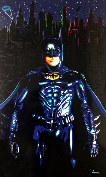 Collages getiteld "BATMAN" door Thomas Alabert, Origineel Kunstwerk, Plakband Gemonteerd op Frame voor houten brancard