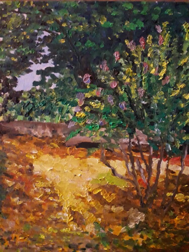 Painting titled "mon jardin cet ete" by Thomas Balivet, Original Artwork, Oil Mounted on Cardboard