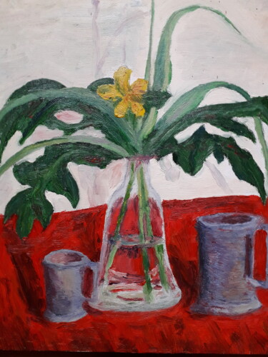 Peinture intitulée "bouquet fond rouge" par Thomas Balivet, Œuvre d'art originale, Huile
