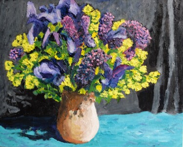 Картина под названием "bouquet Iris lilas…" - Thomas Balivet, Подлинное произведение искусства, Масло