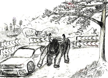 Dibujo titulada "Taureau vs voiture…" por Thomas Blondeau-Dumoulin, Obra de arte original, Bolígrafo