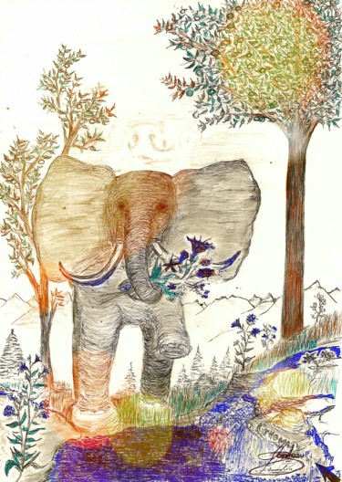 Drawing titled "Totophant 1%" by Thomas Blondeau-Dumoulin, Original Artwork, Ballpoint pen Mounted on Wood Panel