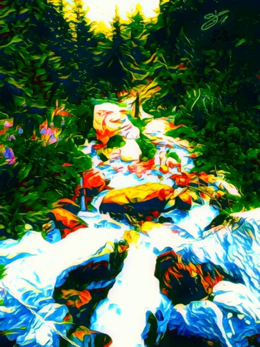 Painting titled "Montagne 2 cascade" by Thomas Blondeau-Dumoulin, Original Artwork, Digital Painting Mounted on Wood Panel