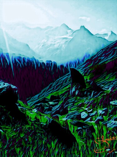 Arte digital titulada "Mont brume" por Thomas Blondeau-Dumoulin, Obra de arte original, Pintura Digital Montado en Panel de…