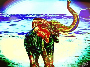 Arts numériques intitulée "Elephant 2 mer" par Thomas Blondeau-Dumoulin, Œuvre d'art originale, Peinture numérique Monté sur…