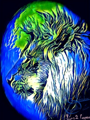 Digital Arts titled "Lion2l'espace" by Thomas Blondeau-Dumoulin, Original Artwork, Digital Painting Mounted on Wood Stretche…