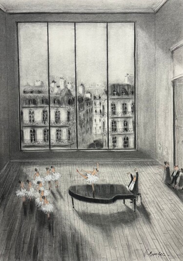 Disegno intitolato "La cour de danse" da Thomas Bossard, Opera d'arte originale, Carbone